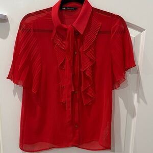 Zara Vibrant Red Sheer Ruffled Blouse